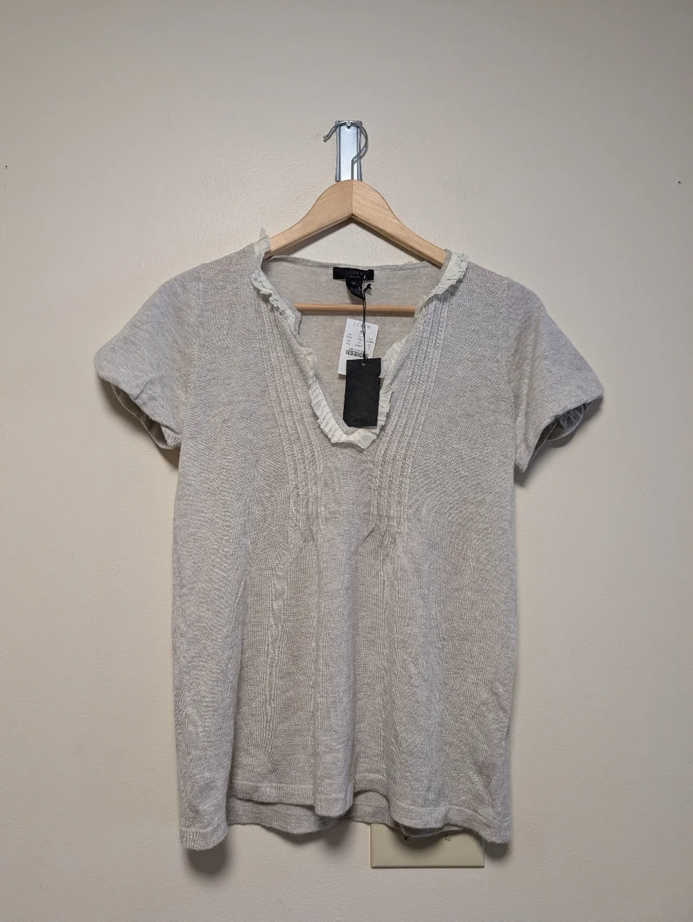 J.Crew 100% Cashmere Ruffle Neck Tee Gray Short Sleeve S NWT